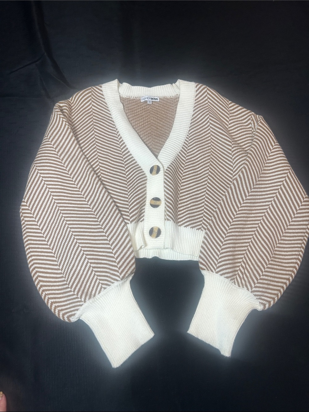 Fashion Nova Brown & Cream Chevron Cropped Cardigan